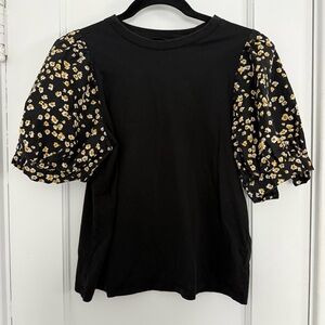 Who What Wear Black Puff-Sleeve Floral Top Sz Small